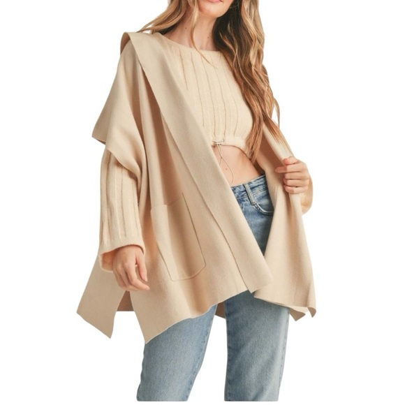 Mable Hudson Knit Cape/Sweater/Cardigan With Hood & Pockets Light Taupe Size S - Picture 1 of 10